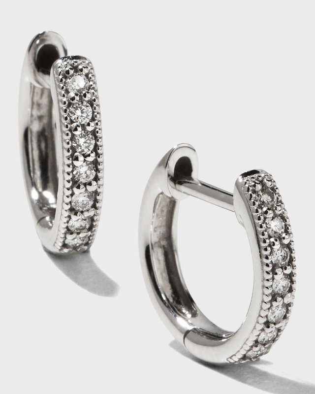 Small 18K White Gold Huggie Hoop Earrings with Diamonds, 11mm
